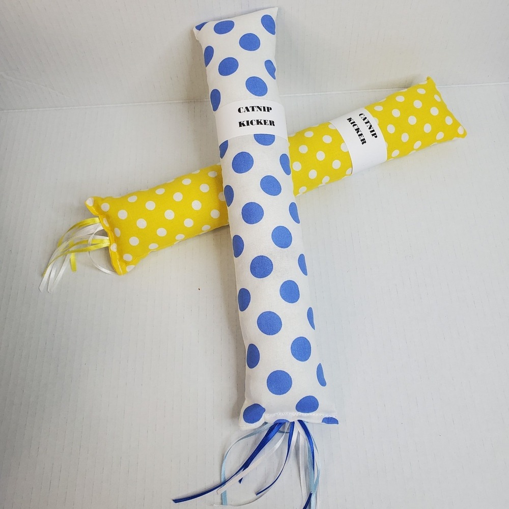 Large Catnip Kicker Cat Toys POLKA DOTS Yellow Blue + Ribbons Lot Of 2 Handmade